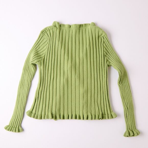 Y2K Women Ribbed Cardigan Sweater Green Knit Ruffle Cottage Coquette Soft Retro - Picture 2 of 7